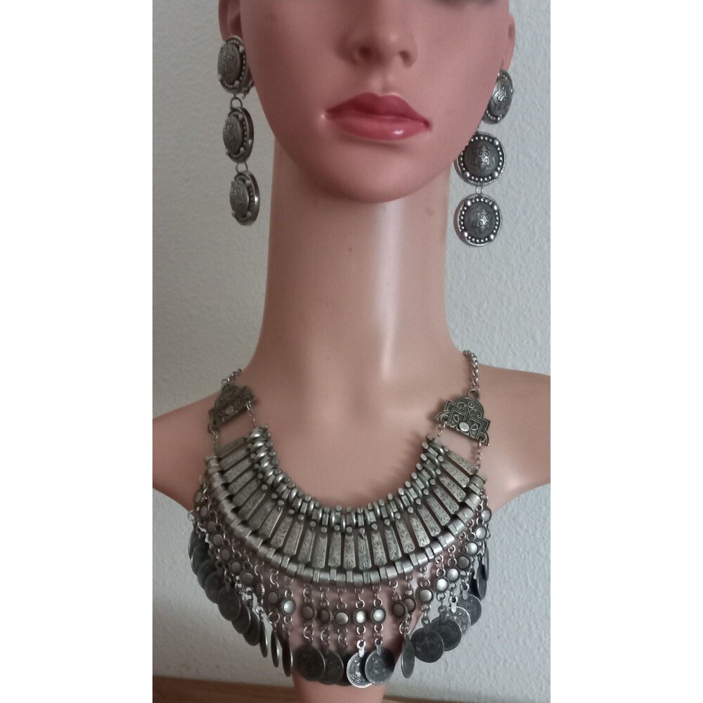 Bedouin Style Antiqued Silver Choker Necklace with Dangling Coins  w/EARRINGS